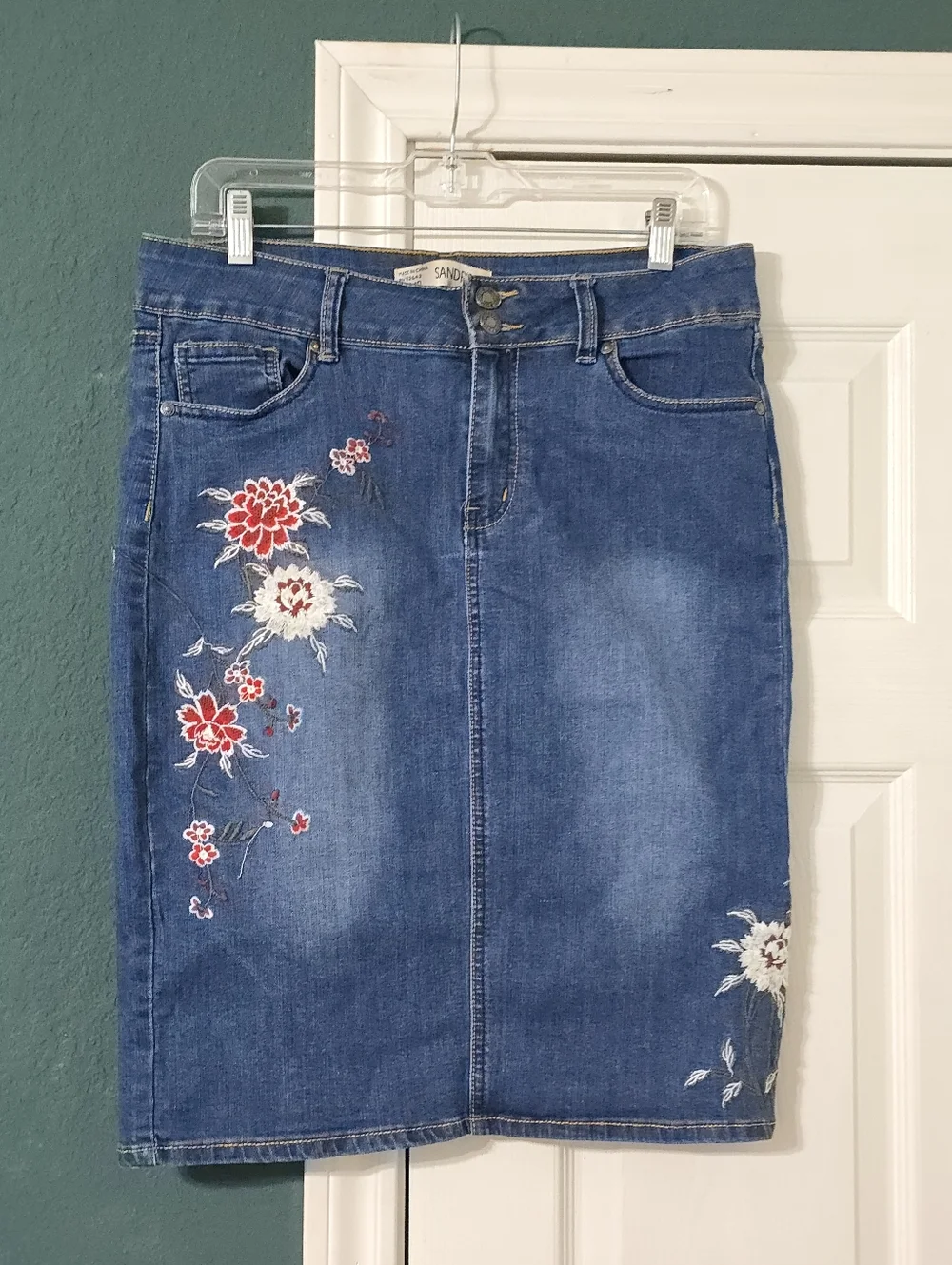 Sandpiper Floral Embroidered Denim Pencil Skirt Size 10 Stretch Western Y2K Boho